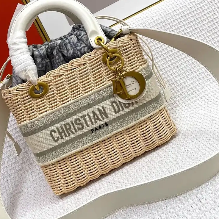 Dior and Grey Wicker Canvas Medium Bag Oblique Motif Lady 0625 Luxury